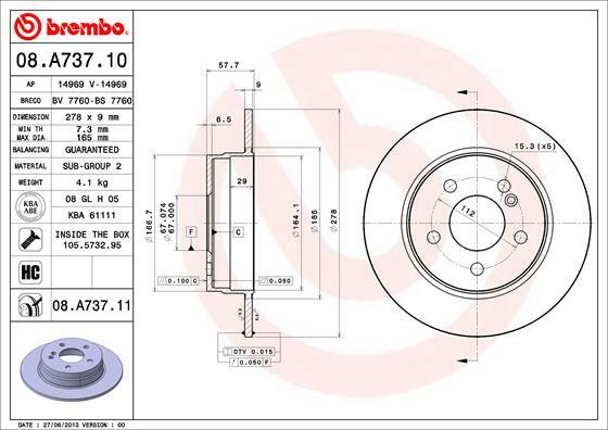 Tarcza hamulcowa, COATED DISC LINE 08.A737.11 BREMBO